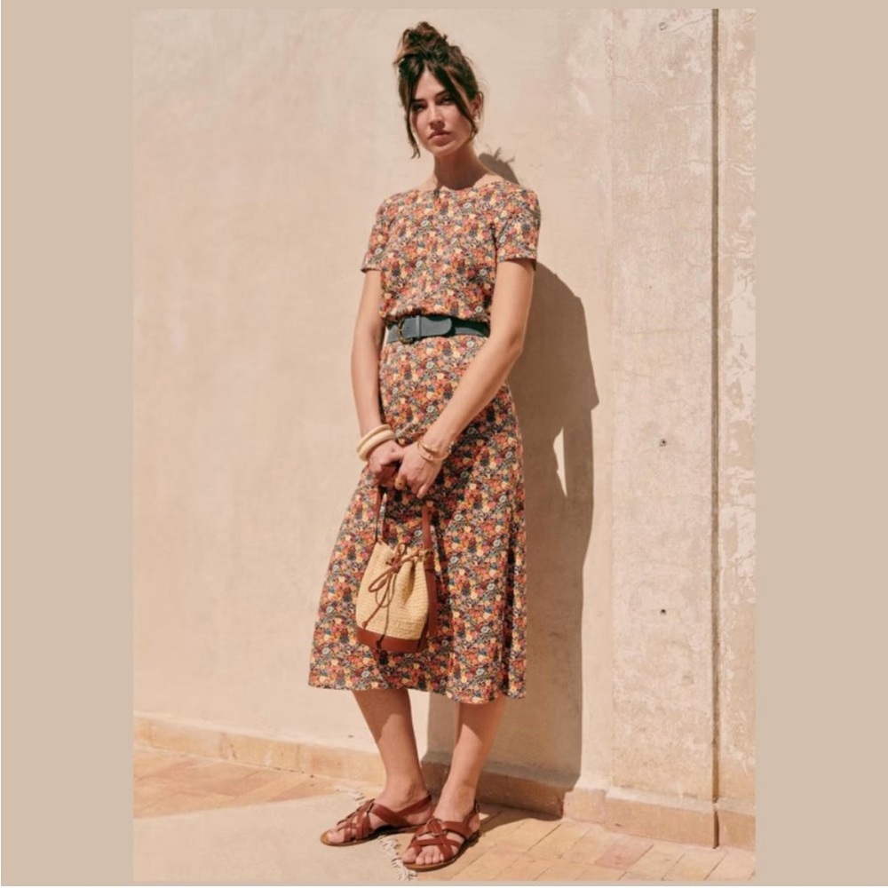 Sezane Robe Luce Fleurs Soleil Midi Dress Floral Green Bouquet Open Back XS